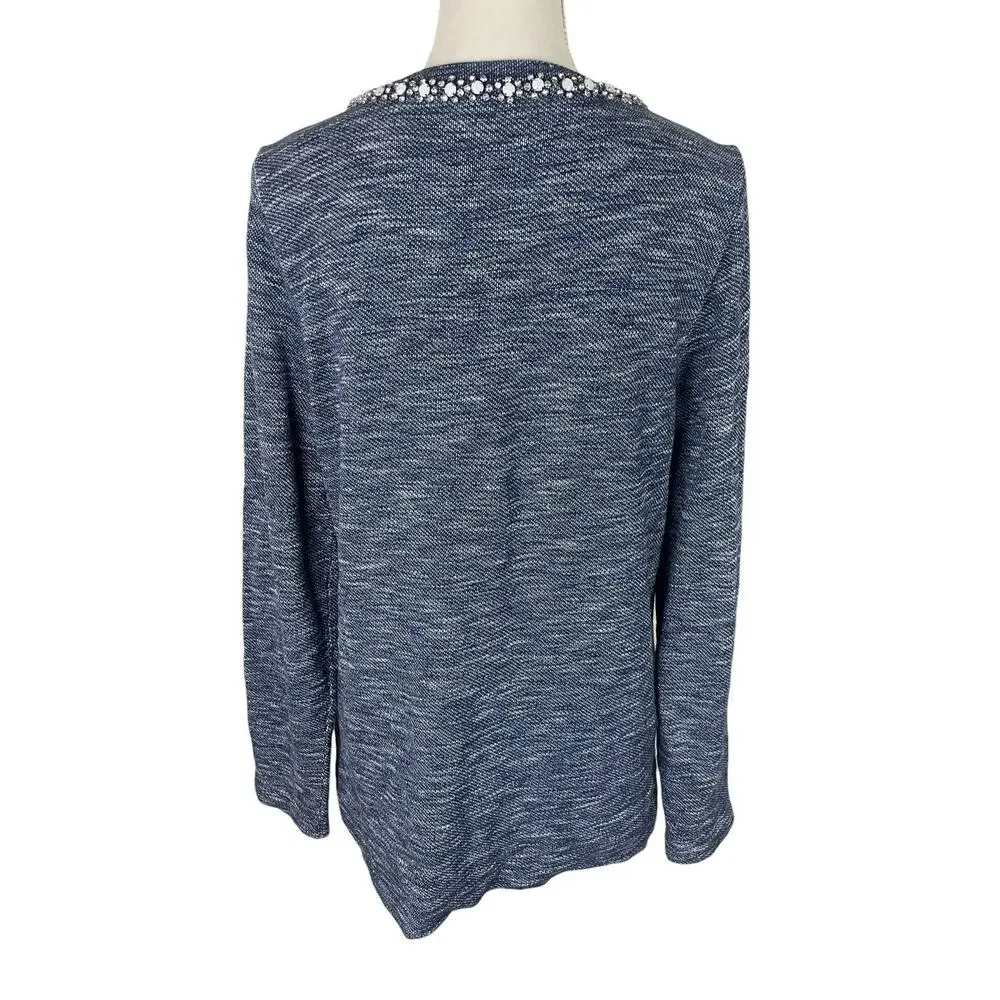 J. Crew Marled Blue Jeweled Rhinestone Neck Knit Pullover Sweater Size Large - Picture 4 of 8